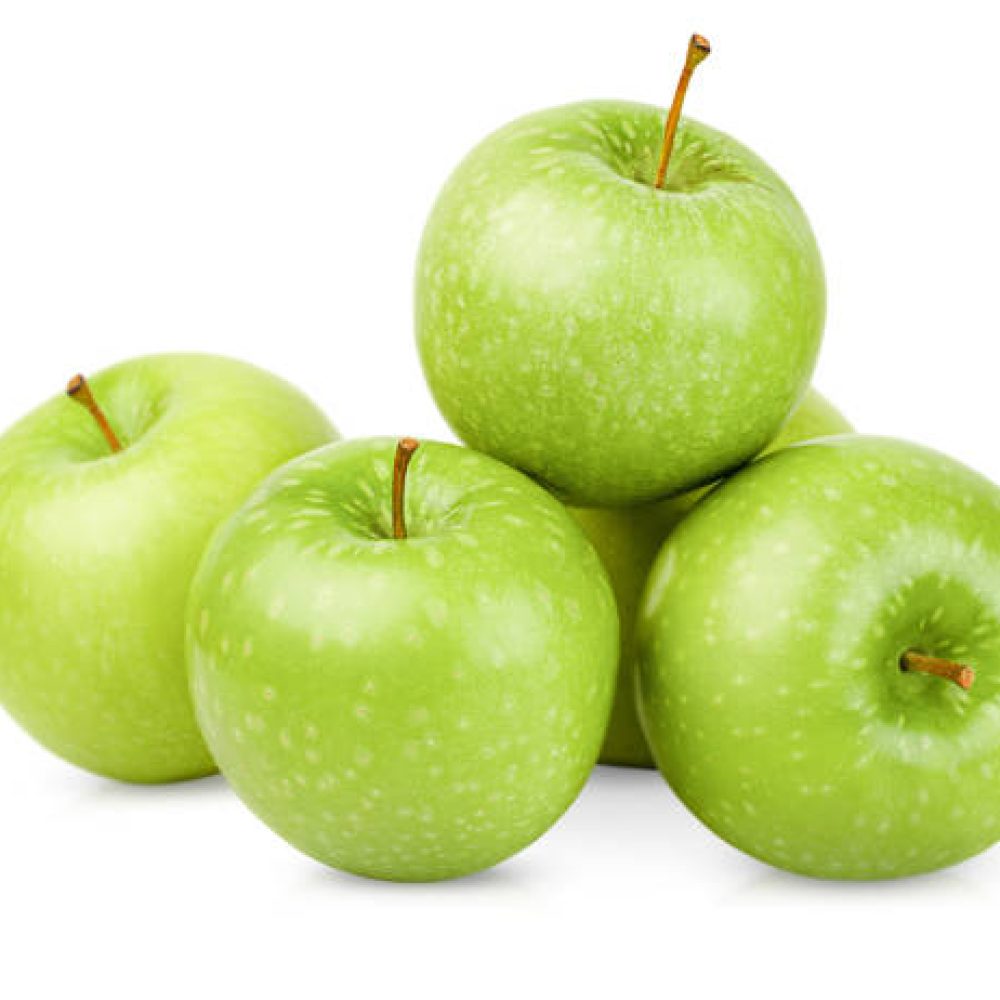 five green apples on a white isolated background